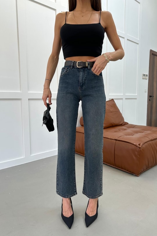 Kemerli Jean Pantolon Mavi