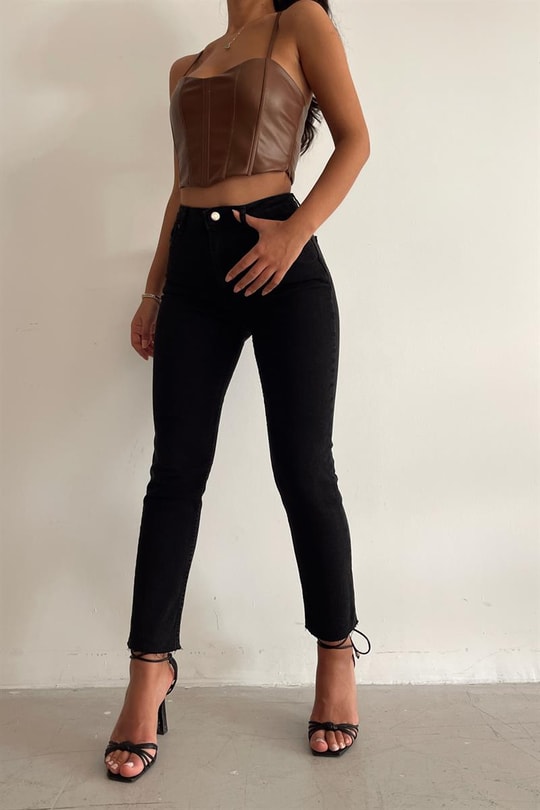 Kesik Paça Boyfit Jean Füme