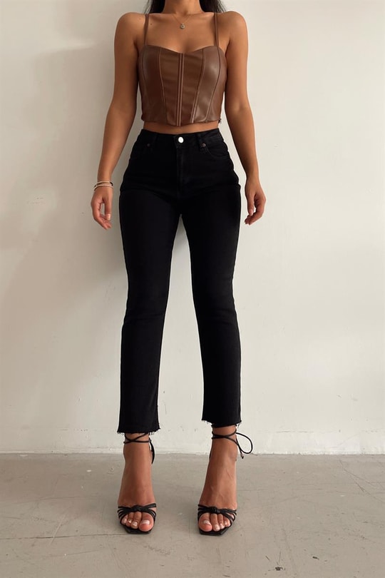 Kesik Paça Boyfit Jean Füme