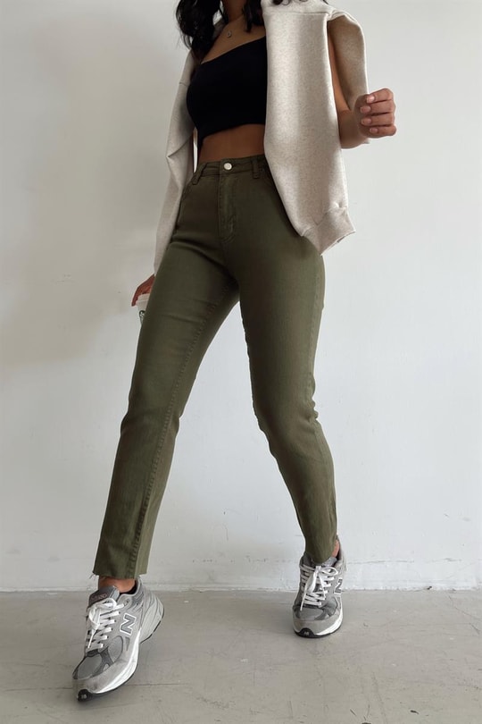 Kesik Paça Boyfit Jean Haki