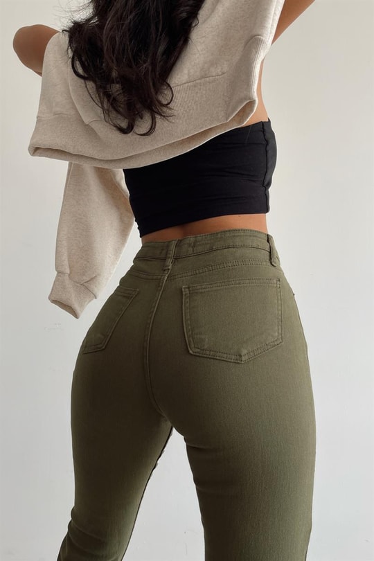 Kesik Paça Boyfit Jean Haki