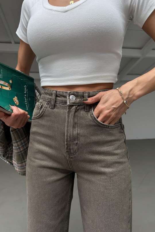Kesik Paça Straight Jean Haki