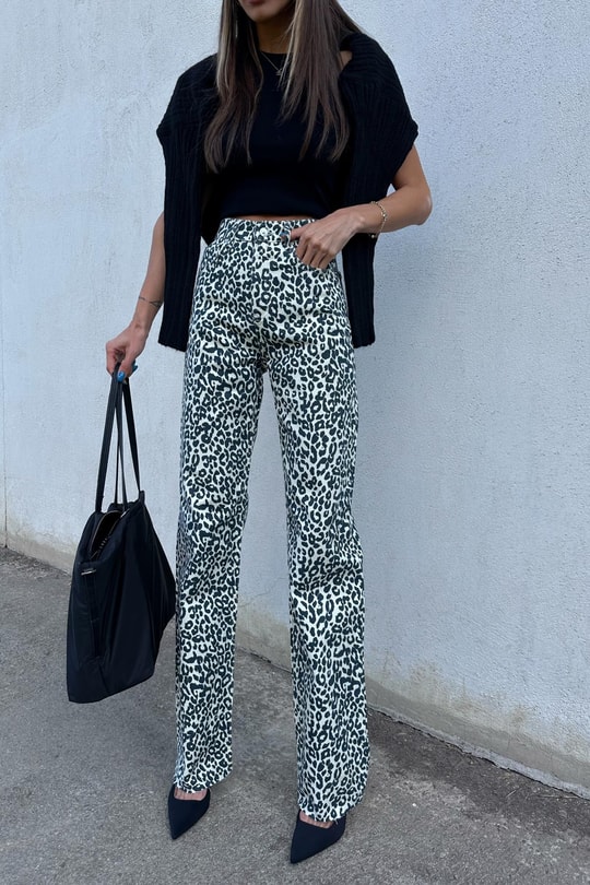 Leopar Desen Straight Jean Krem