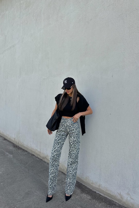 Leopar Desen Straight Jean Krem