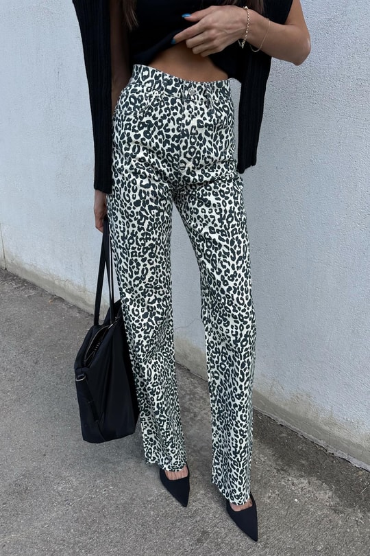 Leopar Desen Straight Jean Krem