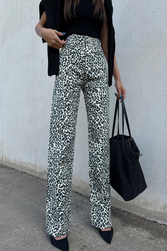 Leopar Desen Straight Jean Krem