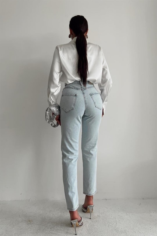 Mini Taşlı Mom Jean Buz Mavi