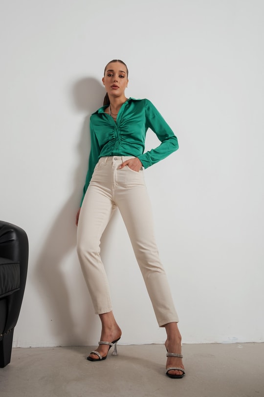 Mom Fit Yüksek Bel Jean Krem