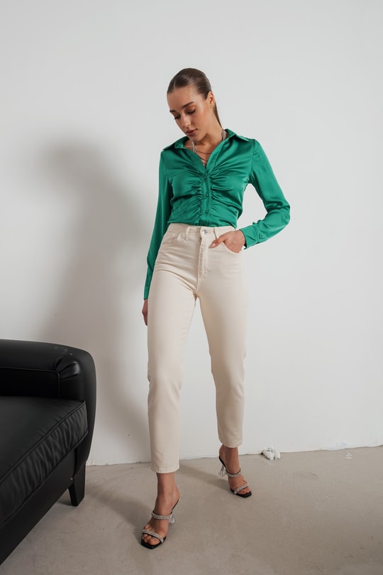 Mom Fit Yüksek Bel Jean Krem