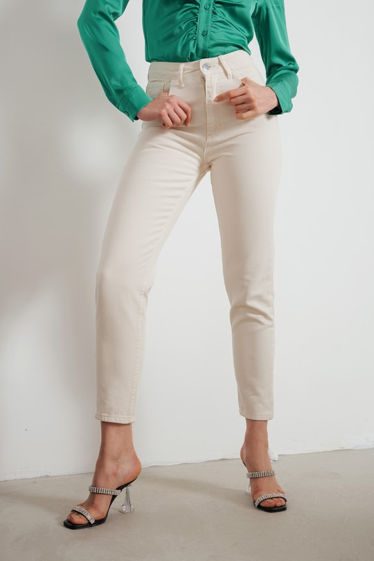 Mom Fit Yüksek Bel Jean Krem