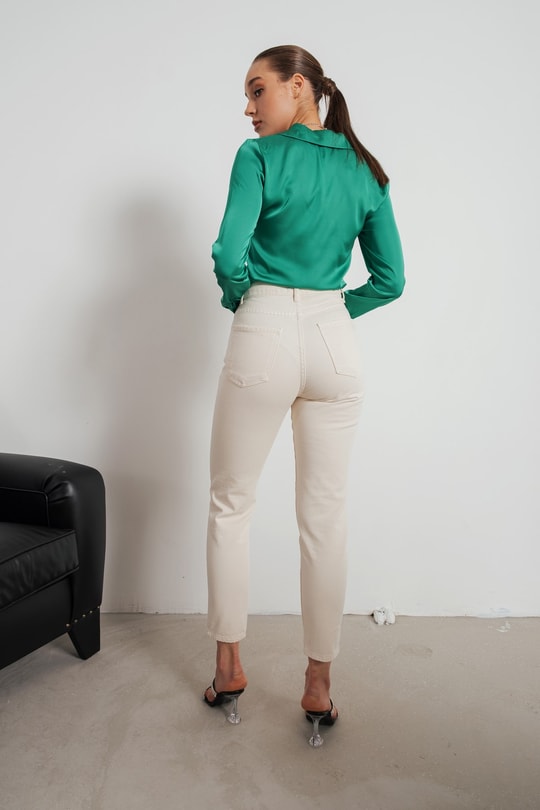 Mom Fit Yüksek Bel Jean Krem