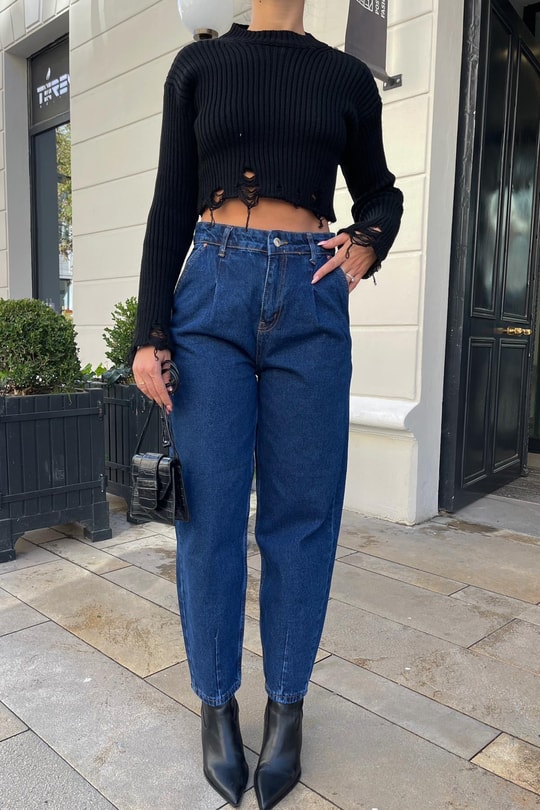 Paça Dikiş Detay Balon Jean Lacivert