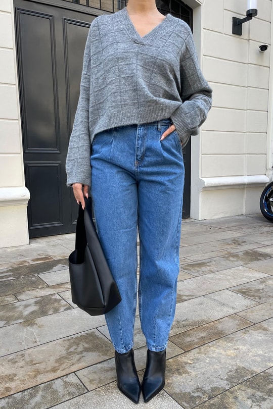 Paça Dikiş Detay Balon Jean Mavi