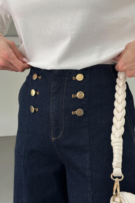 Paça Katlamalı Düğmeli Pantolon Lacivert