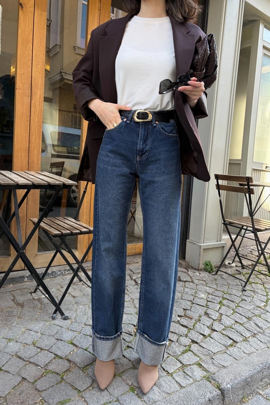 Paça Katlamalı Straight Jean Lacivert