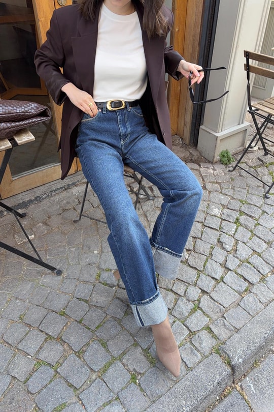 Paça Katlamalı Straight Jean Lacivert