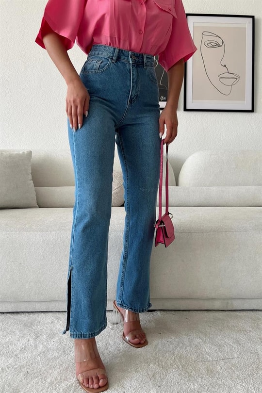 Paça Yırtmaçlı Yüksek Bel Jean Mavi