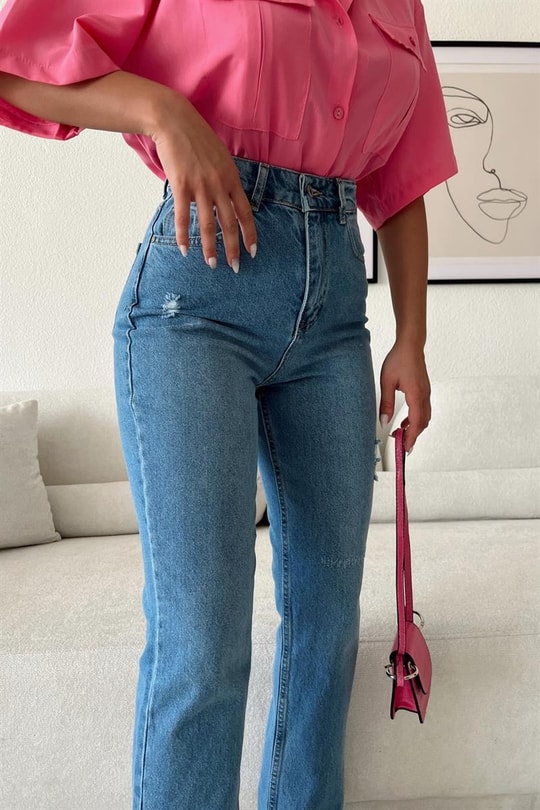 Paça Yırtmaçlı Yüksek Bel Jean Mavi