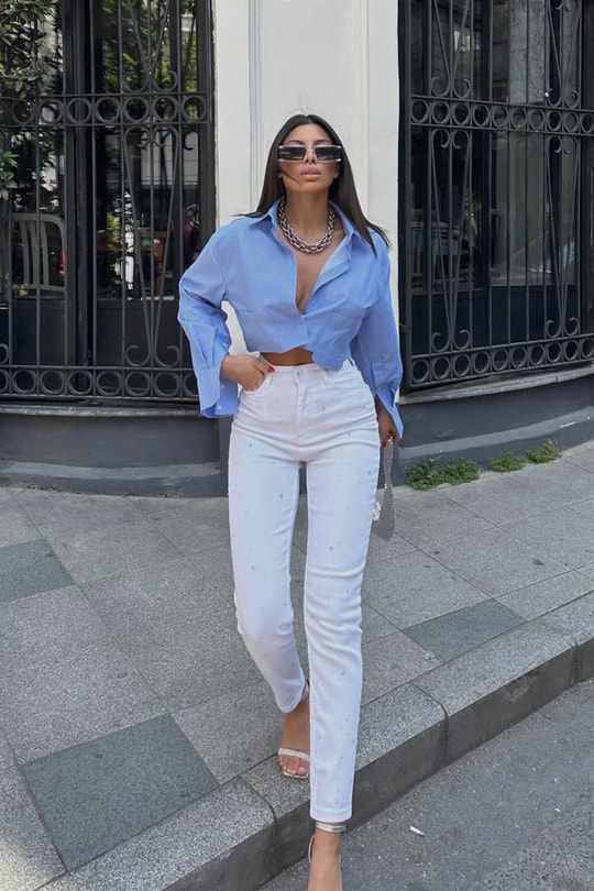 Parlak Taşlı Clary Jean Beyaz