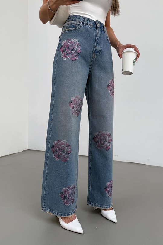Pink Taşlı Jean Mavi
