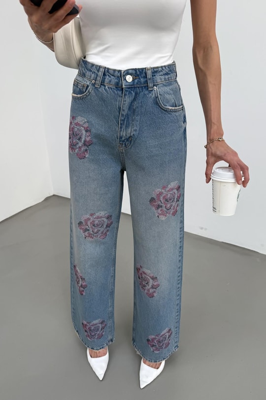 Pink Taşlı Jean Mavi