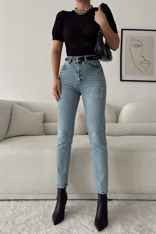 Ripped Highwaist Jean Mavi