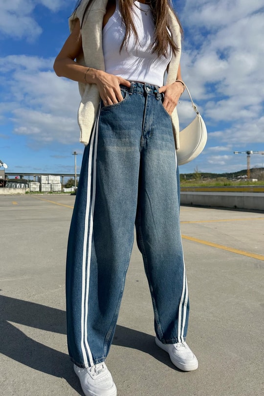 Şerit Detaylı Daddy Jean Mavi