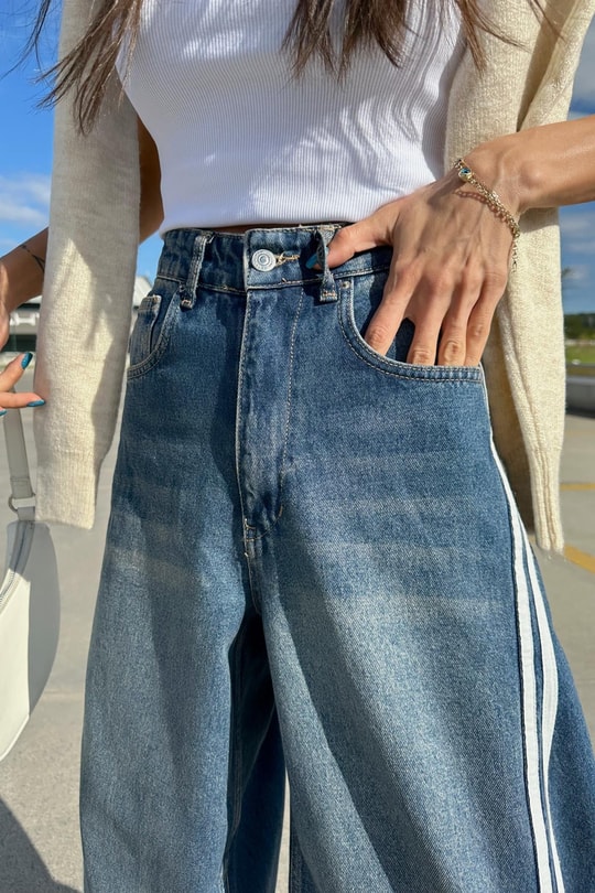 Şerit Detaylı Daddy Jean Mavi