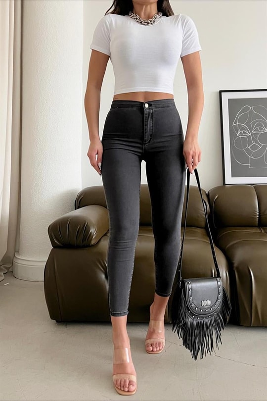 Skinny Yüksek Bel Jean Füme