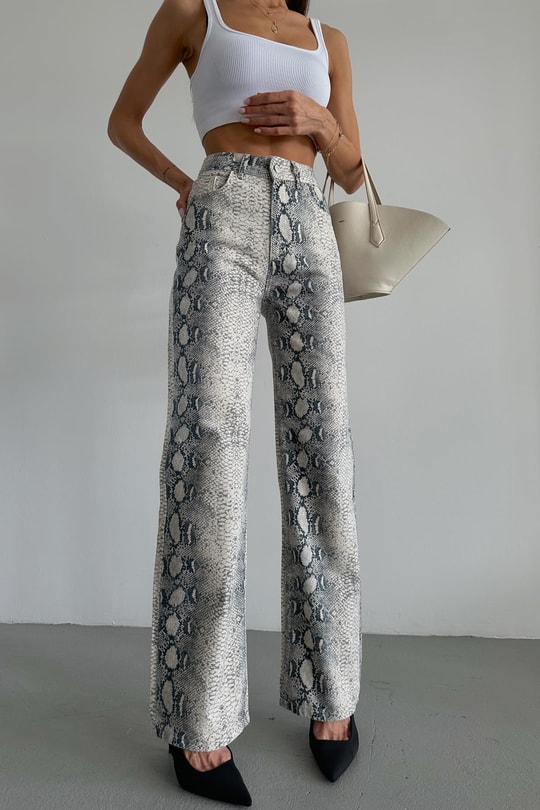 Snake Desen Wideleg Denim Pantolon Ekru