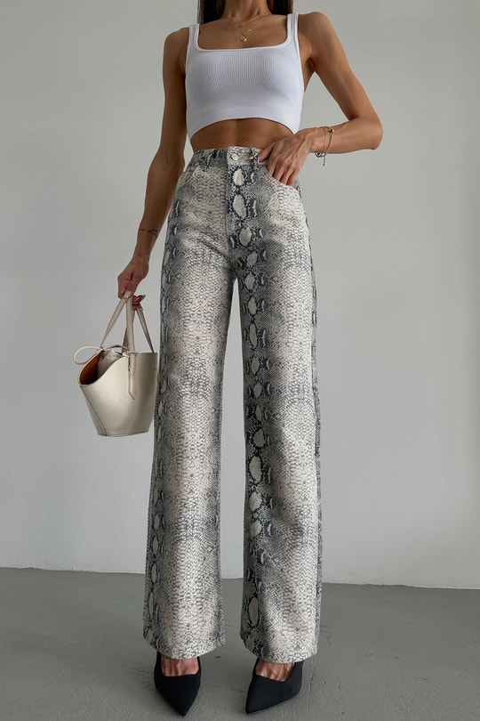 Snake Desen Wideleg Denim Pantolon Ekru