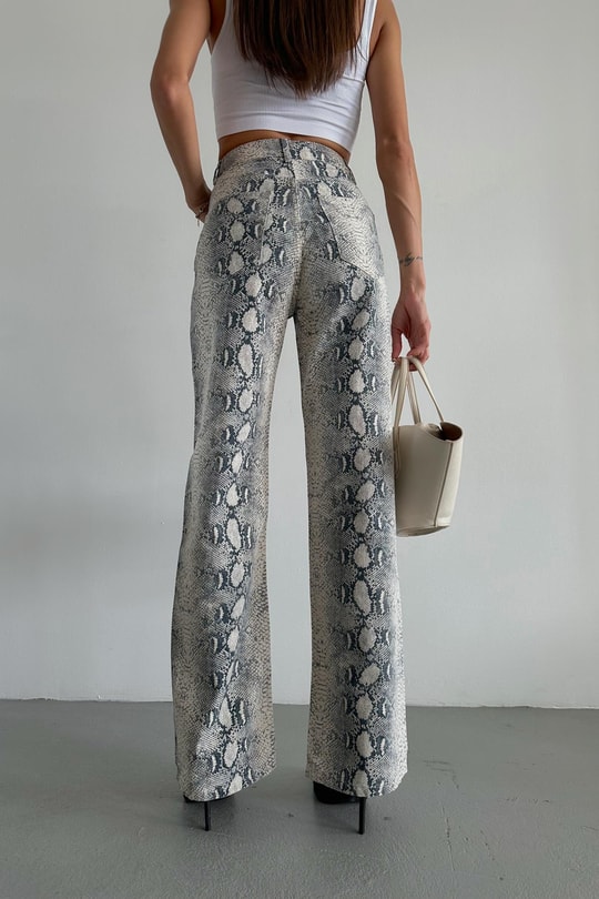 Snake Desen Wideleg Denim Pantolon Ekru