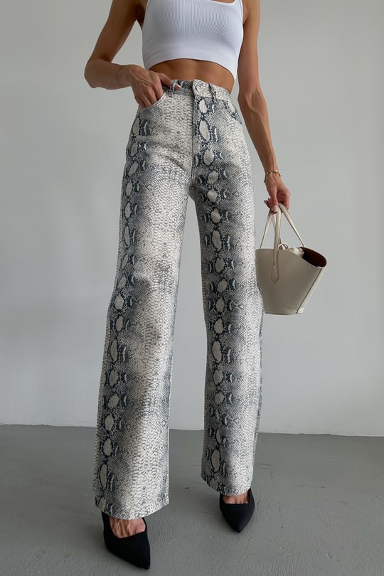 Snake Desen Wideleg Denim Pantolon Ekru