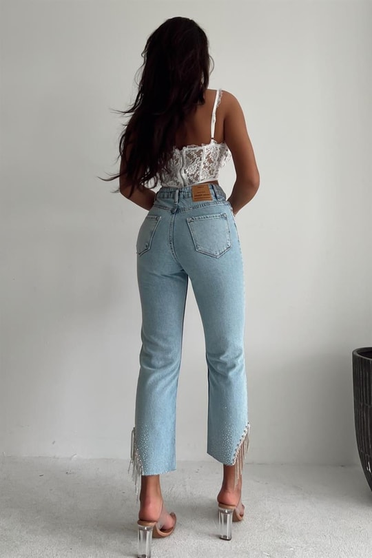 Su Yolu Taşlı Mom Jean Buz Mavi