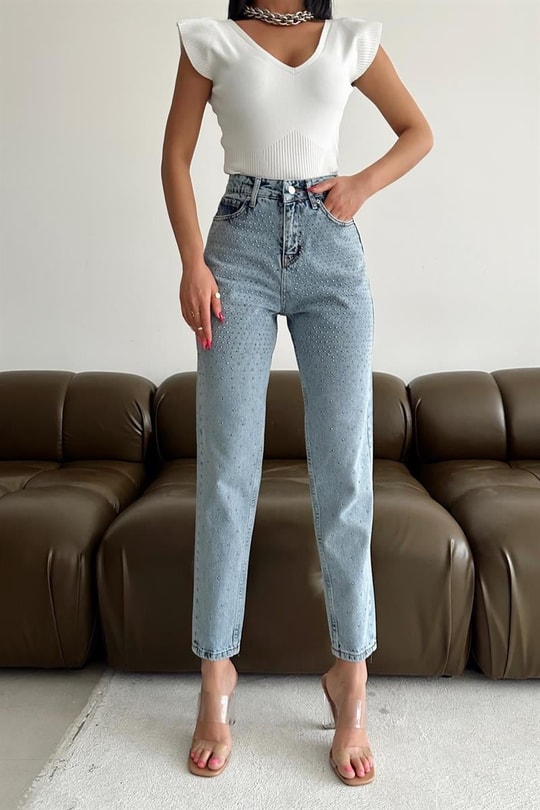 Taş Çakımlı Premium Jean Mavi