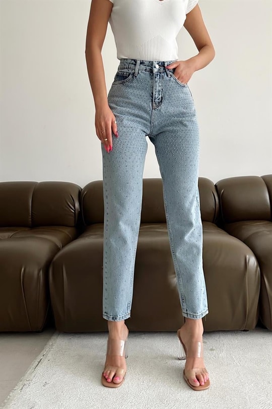 Taş Çakımlı Premium Jean Mavi
