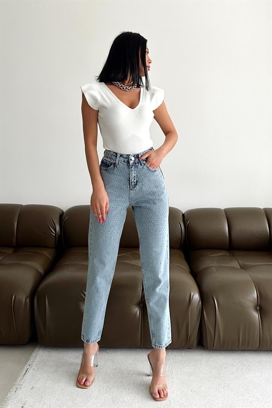 Taş Çakımlı Premium Jean Mavi