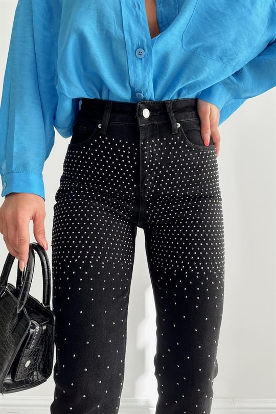 Taş Çakımlı Premium Jean Siyah