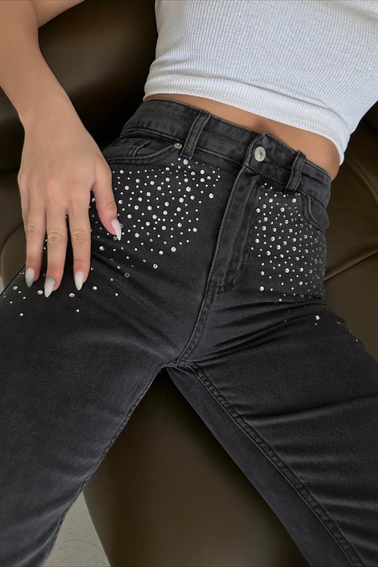 Taşlı Crop Paçalı Highwaist Jean Füme