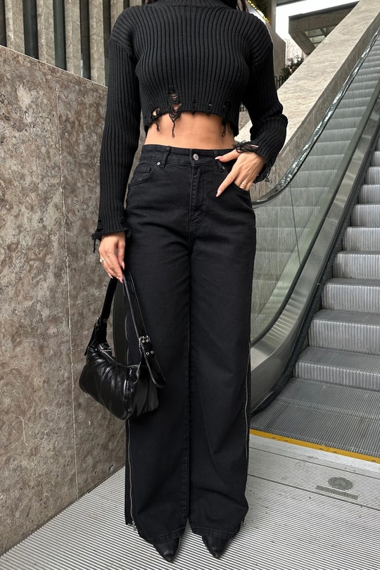 Yan Fermuarlı Premium Jean Siyah