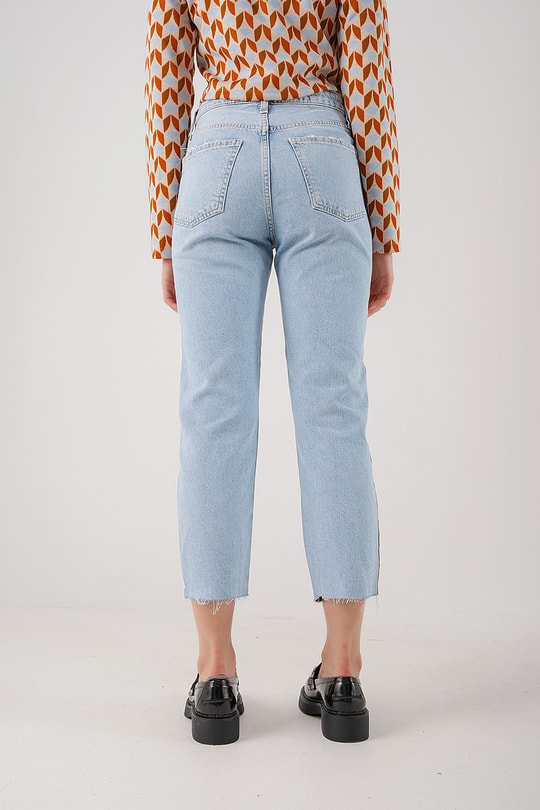 Yazı Şeritli Fit Jean Mavi