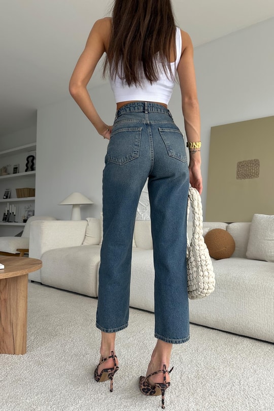 Yıkamalı  Denim Pantolon Koyu Mavi