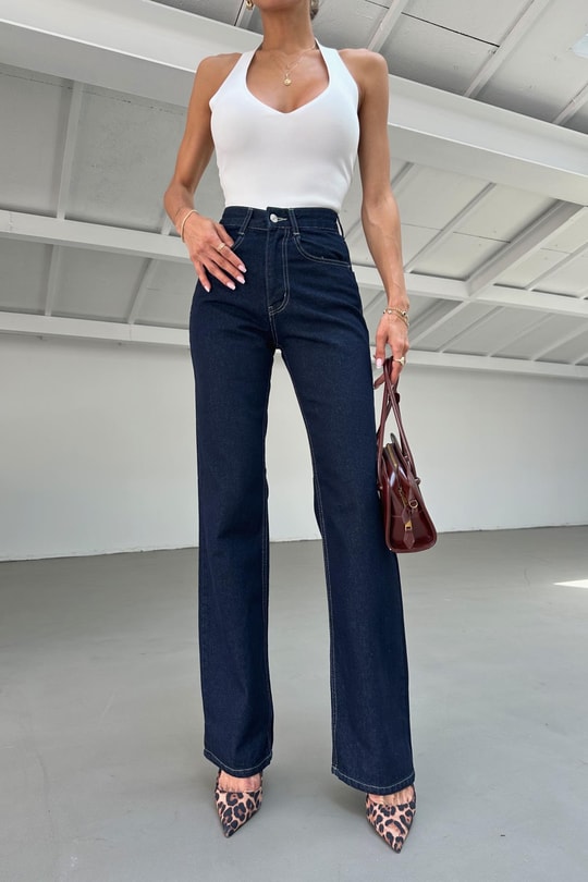 Yıkamalı Wide Leg Jean Lacivert