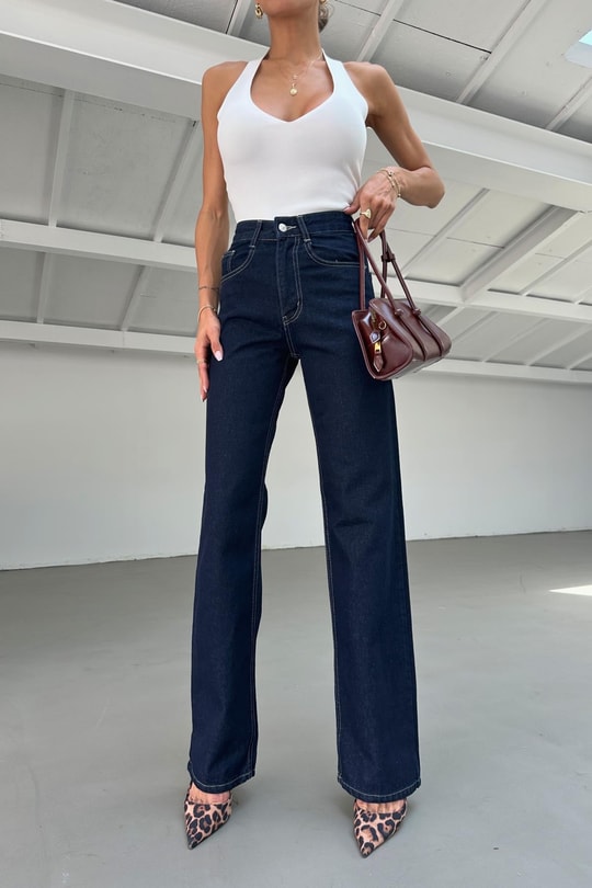 Yıkamalı Wide Leg Jean Lacivert