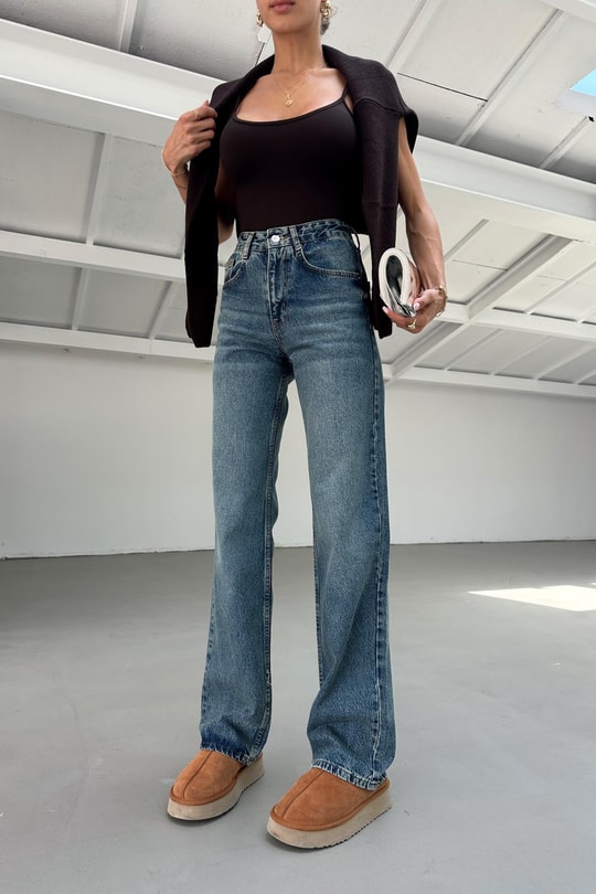Yıkamalı Wide Leg Jean Mavi