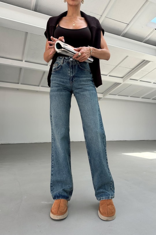 Yıkamalı Wide Leg Jean Mavi