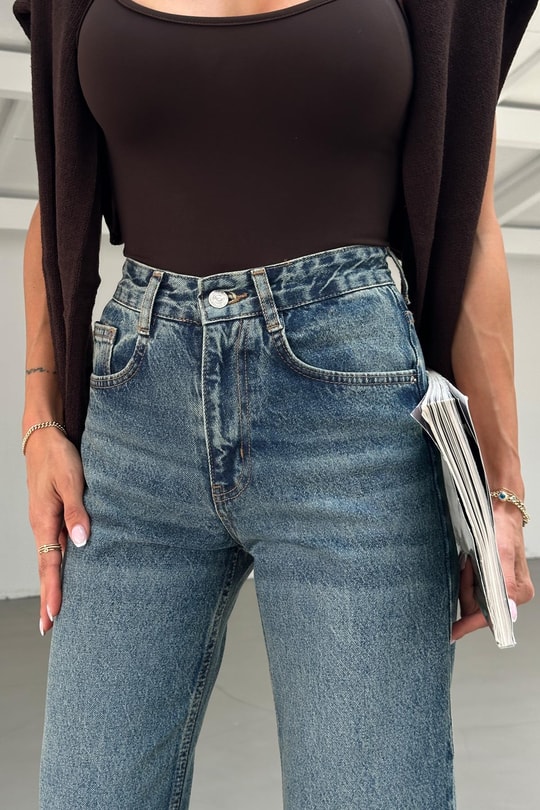 Yıkamalı Wide Leg Jean Mavi