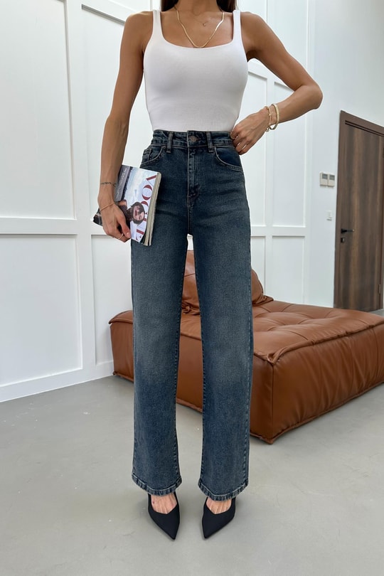 Yıkamalı Wide Leg Jean Pantolon Mavi