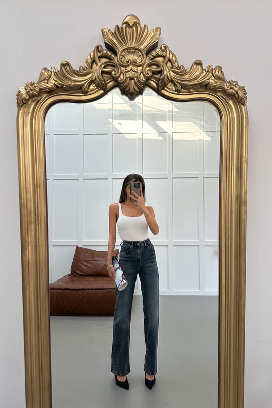 Yıkamalı Wide Leg Jean Pantolon Mavi