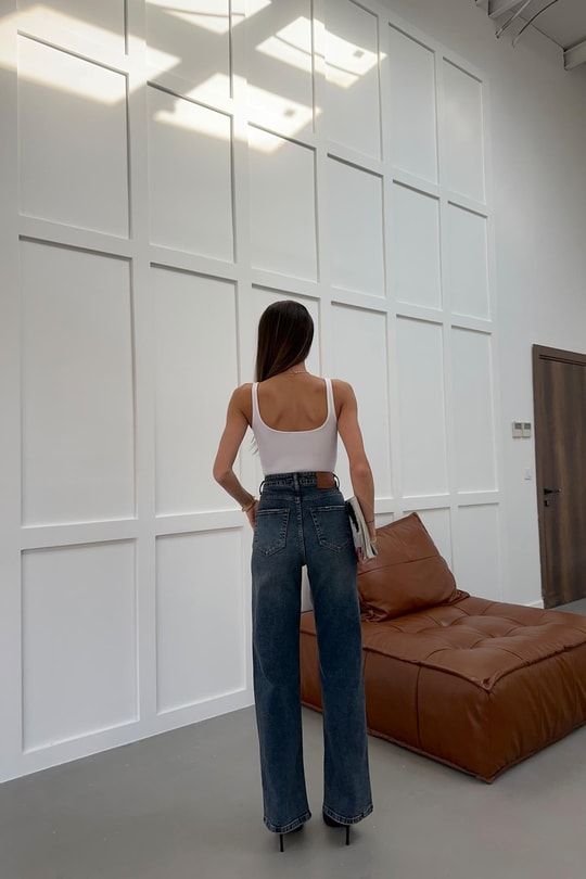 Yıkamalı Wide Leg Jean Pantolon Mavi